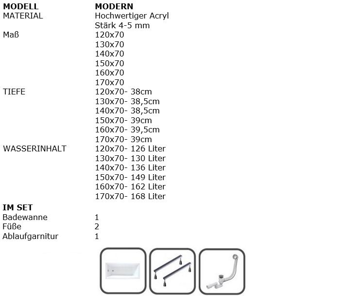 Badewanne Rechteck Acryl 120,130, 140, 150, 160, 170x70 ...